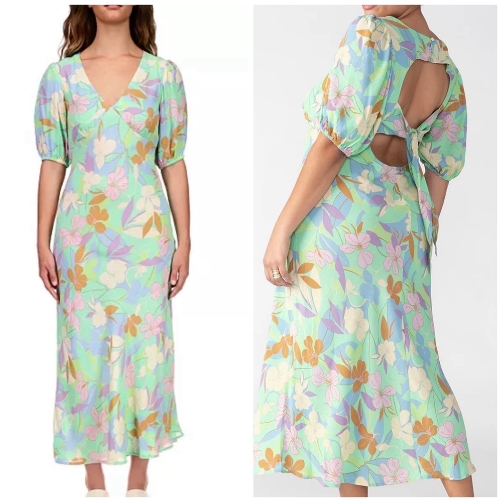 Sanctuary Mint Floral Short-Sleeve Tie-Back Maxi Dress